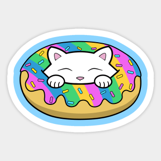 Cute white kitten eating a yummy looking rainbow doughnut with sprinkles on top of it Sticker